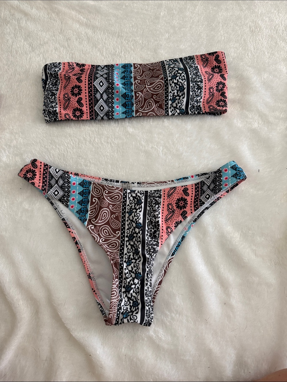 Striped Paisley Bikini Set in Coral, Brown & Turquoise sz Small